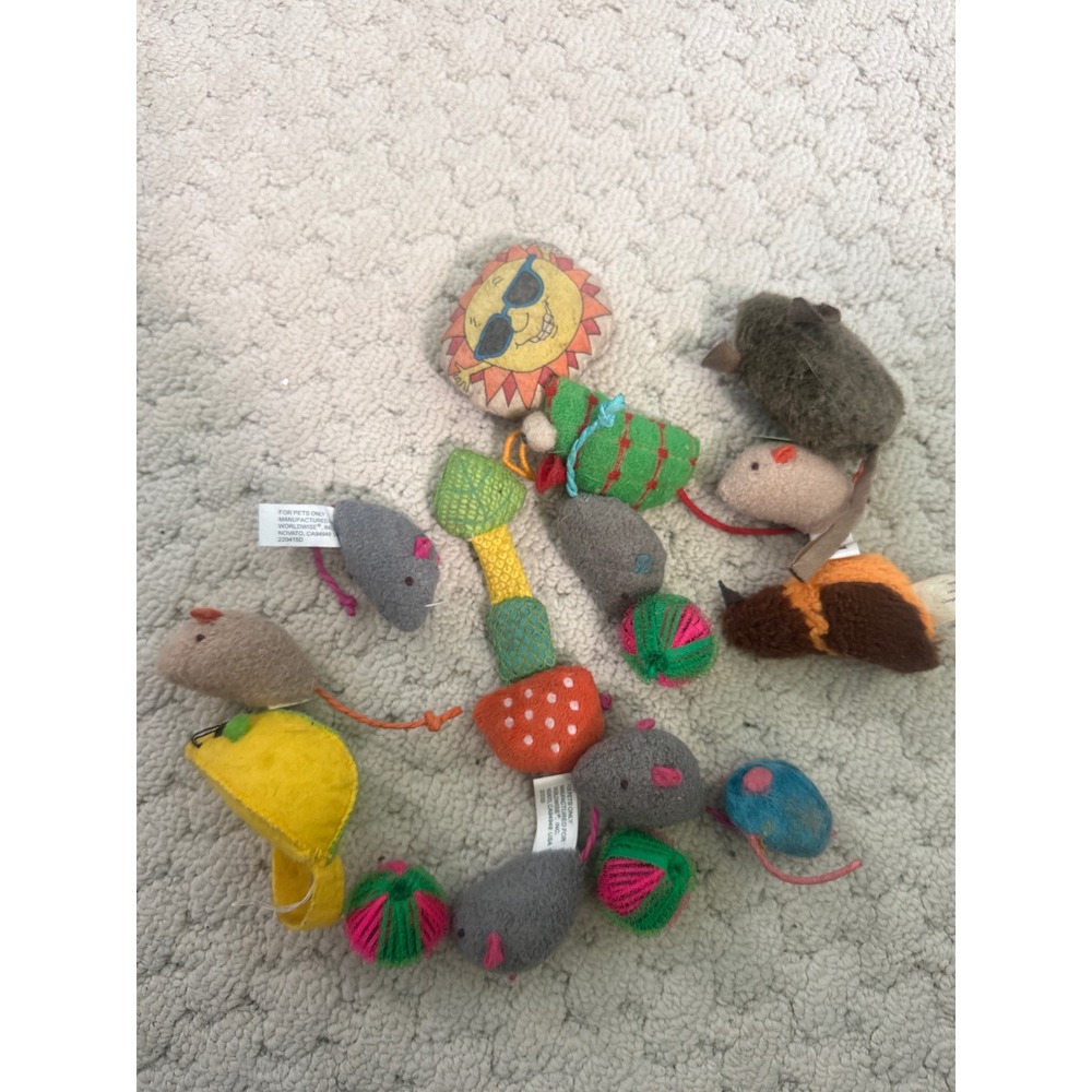 Cat Toy Bundle 15pc Mixed Plush Mice Sun Mushroom Taco Balls